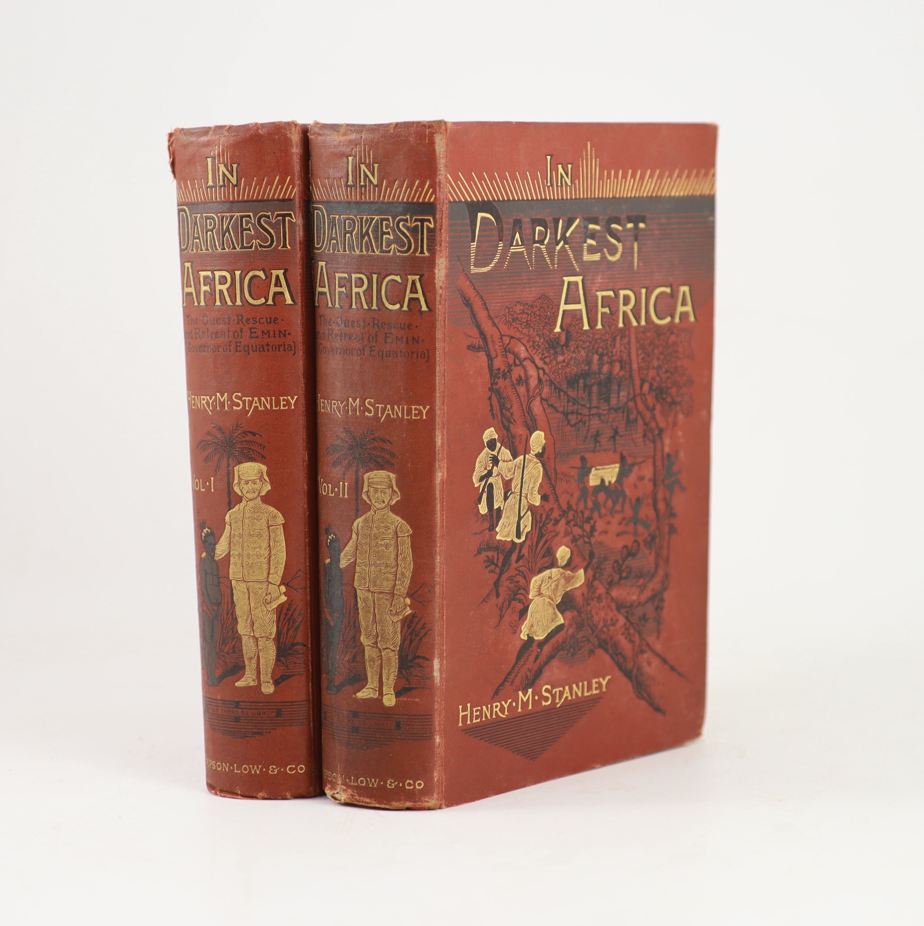 Stanley, Henry Morton - In Darkest Africa. ‘’In Darkest Africa: or, The Quest , Rescue, and Retreat of Emin, Governor of Equatoria’’, 1st edition, 2 vols, 8vo, original pictorial cloth gilt, with 4 coloured maps, 2 photo